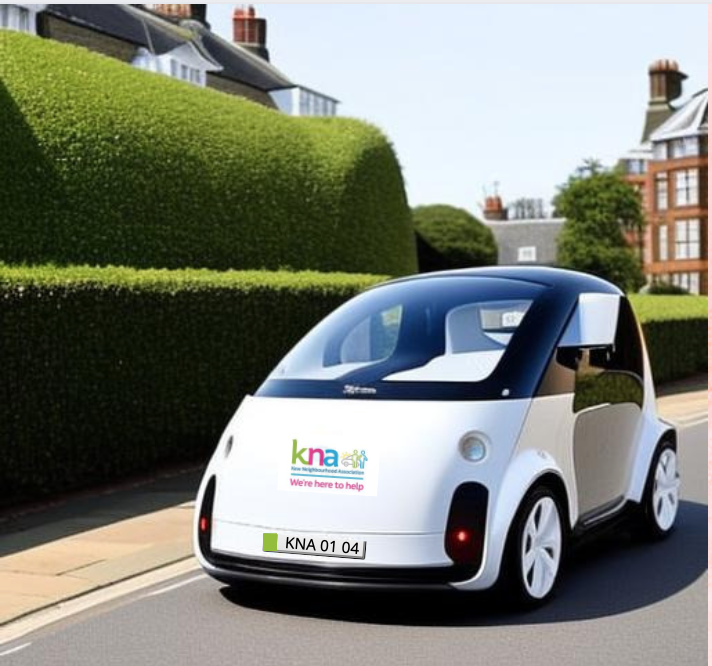 driverless car in a residential area with a K N A logo and the numberplate K N A 0 1 0 4